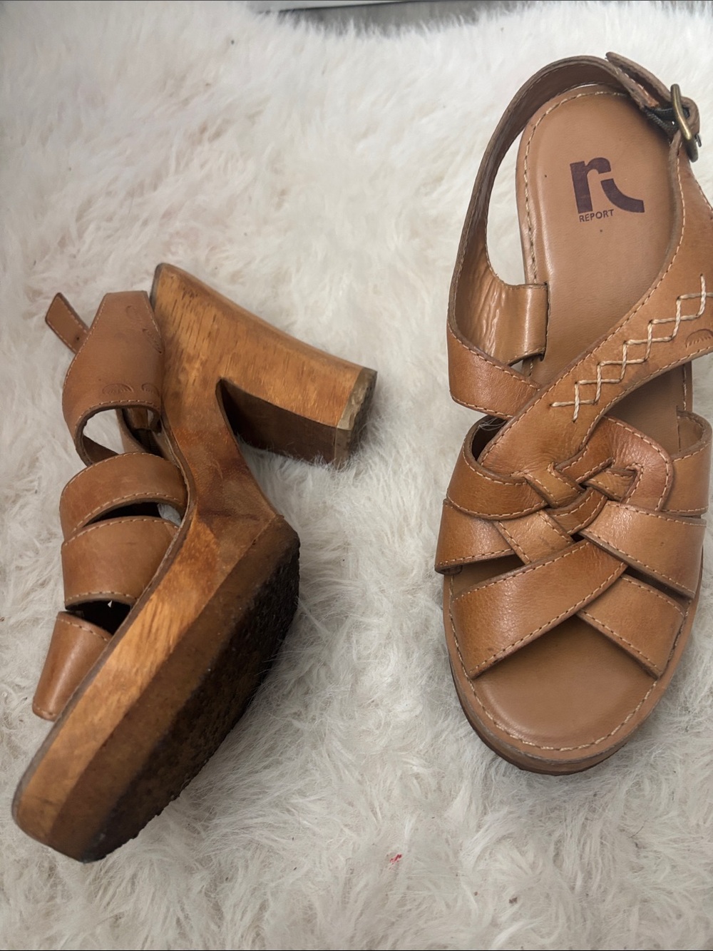 Report Tan Leather Woven Platform Sandals